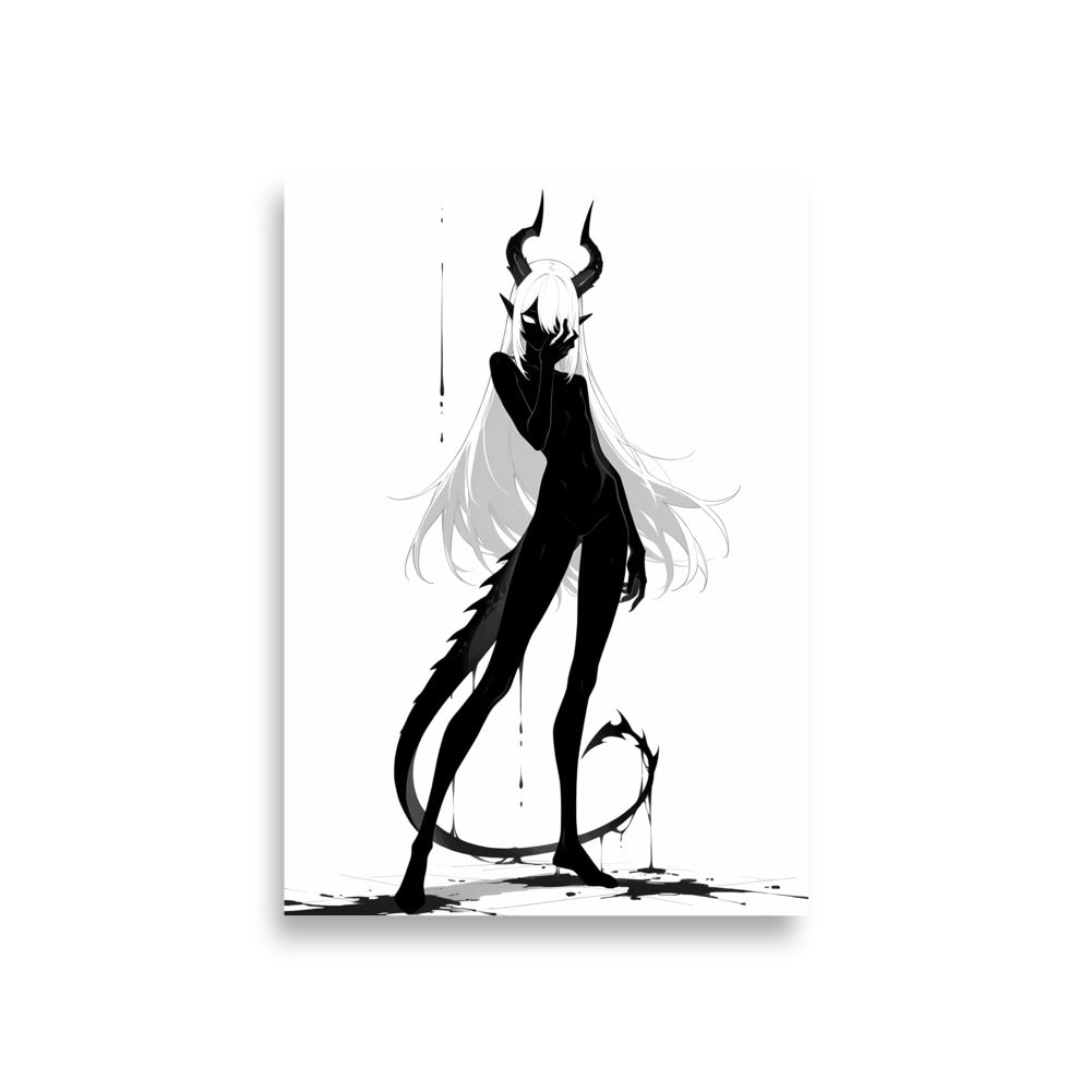 Affiche dark fantasy Vestigia, dragon anthropomorphe noir et blanc main griffue effleurant la joue, cornes imposantes, queue enroulée autour de la cheville, collection Les silences qu'on porte