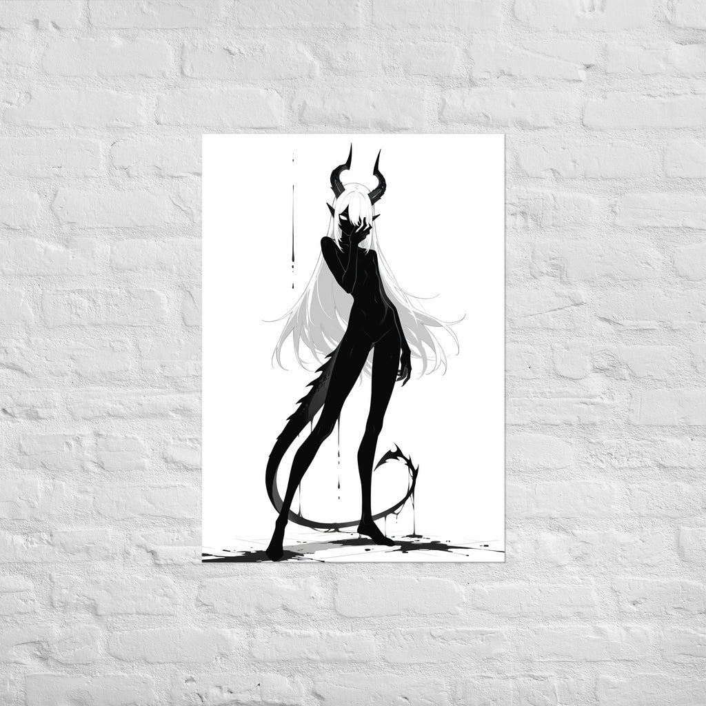 Affiche dark fantasy Vestigia, dragon anthropomorphe noir et blanc main griffue effleurant la joue, cornes imposantes, queue enroulée autour de la cheville, collection Les silences qu'on porte – format A1