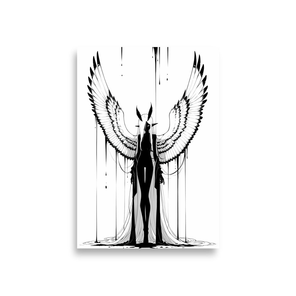 Affiche dark fantasy Nyctée, chouette anthropomorphe noir et blanc ailes claires déployées en V au-dessus de la tête, encre en cercles au sol, collection Les silences qu'on porte