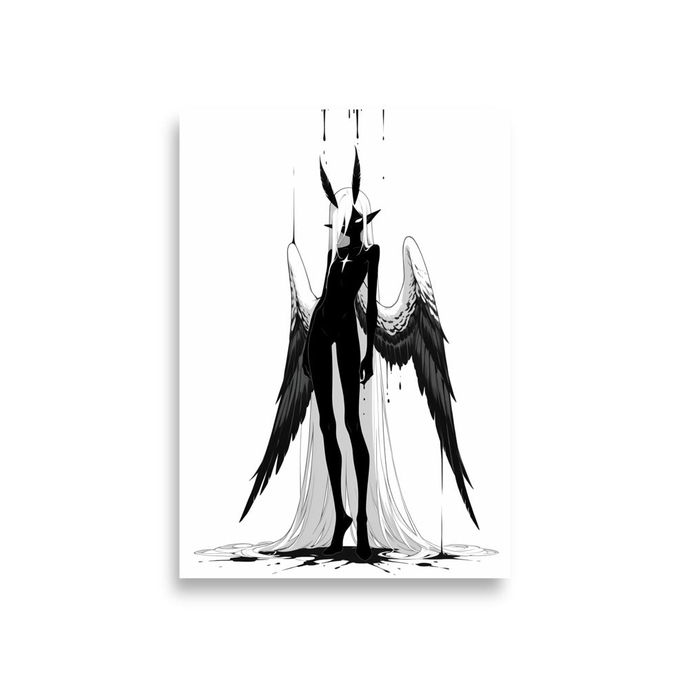 Affiche dark fantasy Nyctée, chouette anthropomorphe noir et blanc debout petite étoile blanche sur la poitrine, ailes retombant jusqu'au sol, collection Les silences qu'on porte