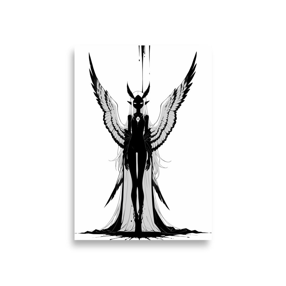 Affiche dark fantasy Nyctée, chouette anthropomorphe noir et blanc ailes déployées en V, marque en forme d'œil sur la poitrine, encre sur la tête, collection Les silences qu'on porte