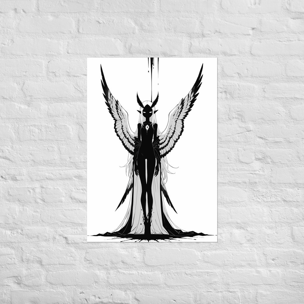 Affiche dark fantasy Nyctée, chouette anthropomorphe noir et blanc ailes déployées en V, marque en forme d'œil sur la poitrine, encre sur la tête, collection Les silences qu'on porte – format A1