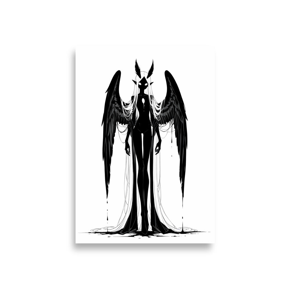 Affiche dark fantasy Nyctée, chouette anthropomorphe noir et blanc ailes noires aux extrémités recourbées, cheveux en rideaux sur les épaules, collection Les silences qu'on porte