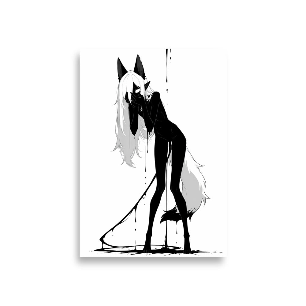 Affiche dark fantasy Écholane, louve anthropomorphe noir et blanc penchée mains jointes contre la bouche, longue queue à pointe noire traînant au sol, collection Les silences qu'on porte