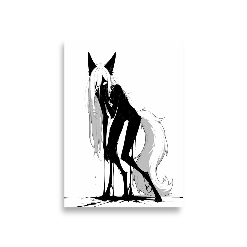 Affiche dark fantasy Écholane, louve anthropomorphe noir et blanc à quatre pattes mains jointes devant le museau, queue touffue en cercle, collection Les silences qu'on porte