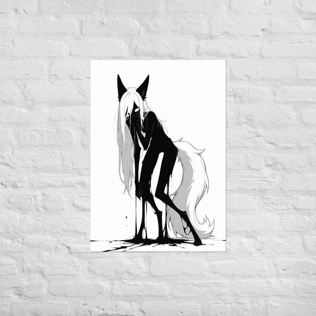Affiche dark fantasy Écholane, louve anthropomorphe noir et blanc à quatre pattes mains jointes devant le museau, queue touffue en cercle, collection Les silences qu'on porte – format A2