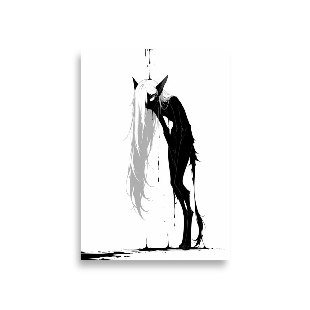 Affiche dark fantasy Écholane, louve anthropomorphe noir et blanc corps plié en angle droit, tête basse recevant l'encre, collection Les silences qu'on porte
