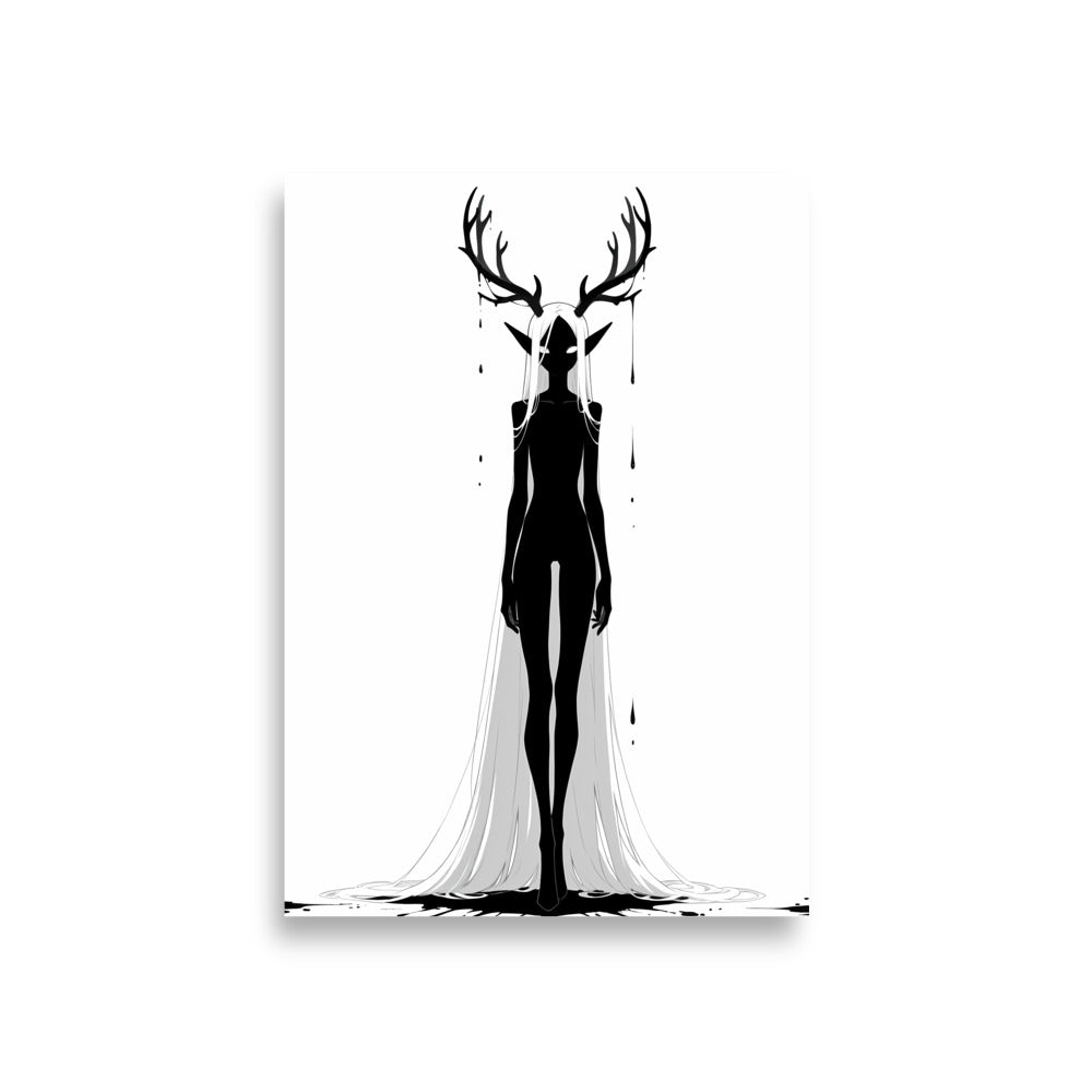 Affiche dark fantasy Doléa, biche anthropomorphe noir et blanc debout mains légèrement crispées, robe blanche resserrée en pointe aux pieds, collection Les silences qu'on porte
