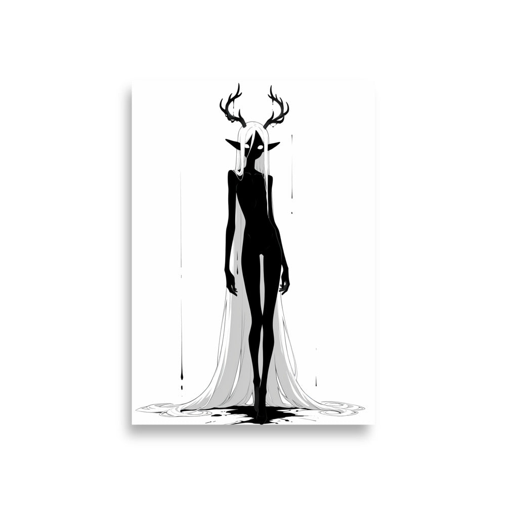 Affiche dark fantasy Doléa, biche anthropomorphe noir et blanc jambes étroitement croisées, bois presque taris, pluie d'encre lointaine, collection Les silences qu'on porte