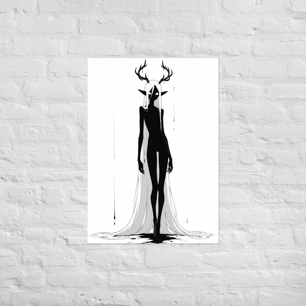 Affiche dark fantasy Doléa, biche anthropomorphe noir et blanc jambes étroitement croisées, bois presque taris, pluie d'encre lointaine, collection Les silences qu'on porte – format A2