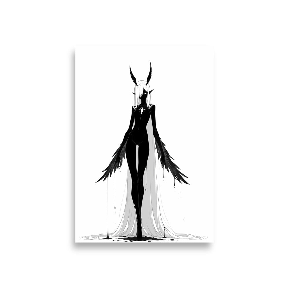 Affiche dark fantasy Tairie, corbeau anthropomorphe noir et blanc debout plumes dressées sur la tête, ailes le long des bras dégoulinantes, étoile pâle sur la poitrine, collection Les silences qu'on porte
