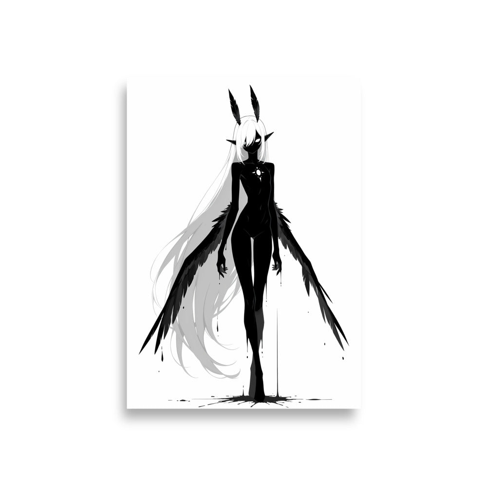 Affiche dark fantasy Tairie, corbeau anthropomorphe noir et blanc en plein pas ailes déployées à l'horizontale, étoile sur la poitrine, collection Les silences qu'on porte