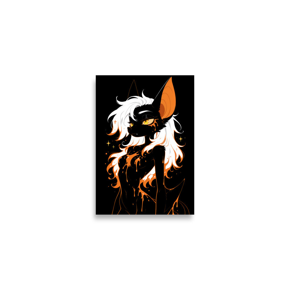 Poster dark fantasy Vespera, chauve-souris anthropomorphe noire à crinière blanche, larme de braise orange sur la joue – affiche encadrée au format A2