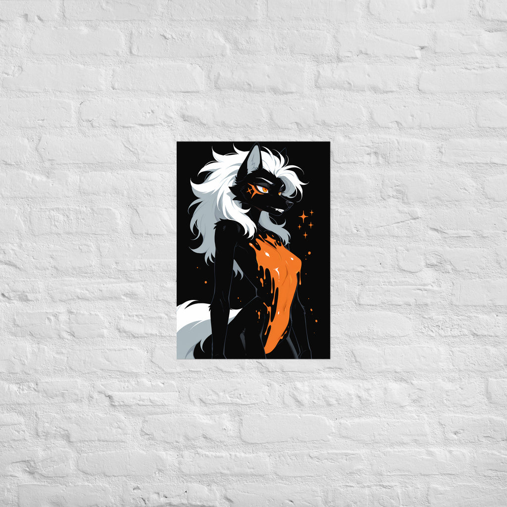 Poster dark fantasy Ambre, louve anthropomorphe noire, croc visible, croix orange griffée sous l'œil, ambre coulant – affiche encadrée au format A2