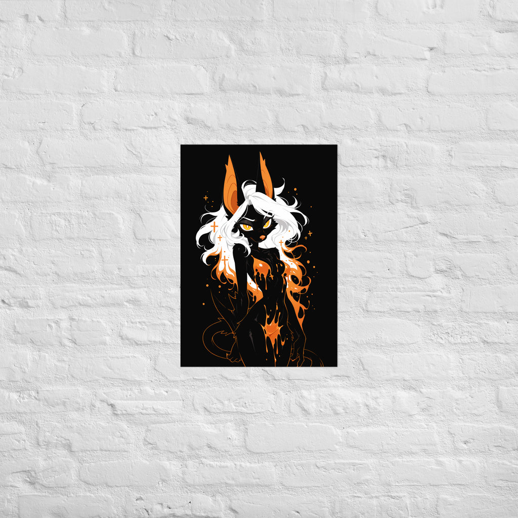 Poster dark fantasy Vespera, chauve-souris anthropomorphe noire, regard frontal, petites croix orange dans la crinière – affiche encadrée au format A2