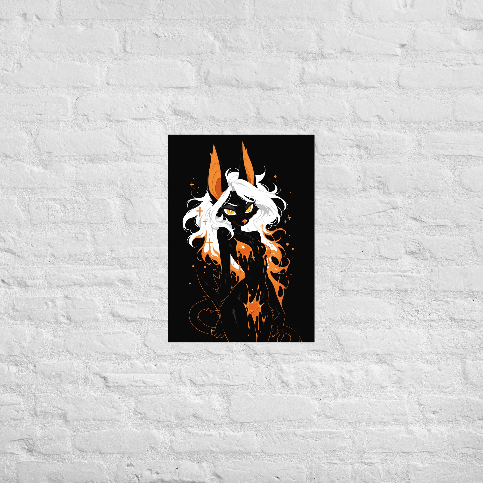 Poster dark fantasy Vespera, chauve-souris anthropomorphe noire, regard frontal, petites croix orange dans la crinière – affiche encadrée au format A2