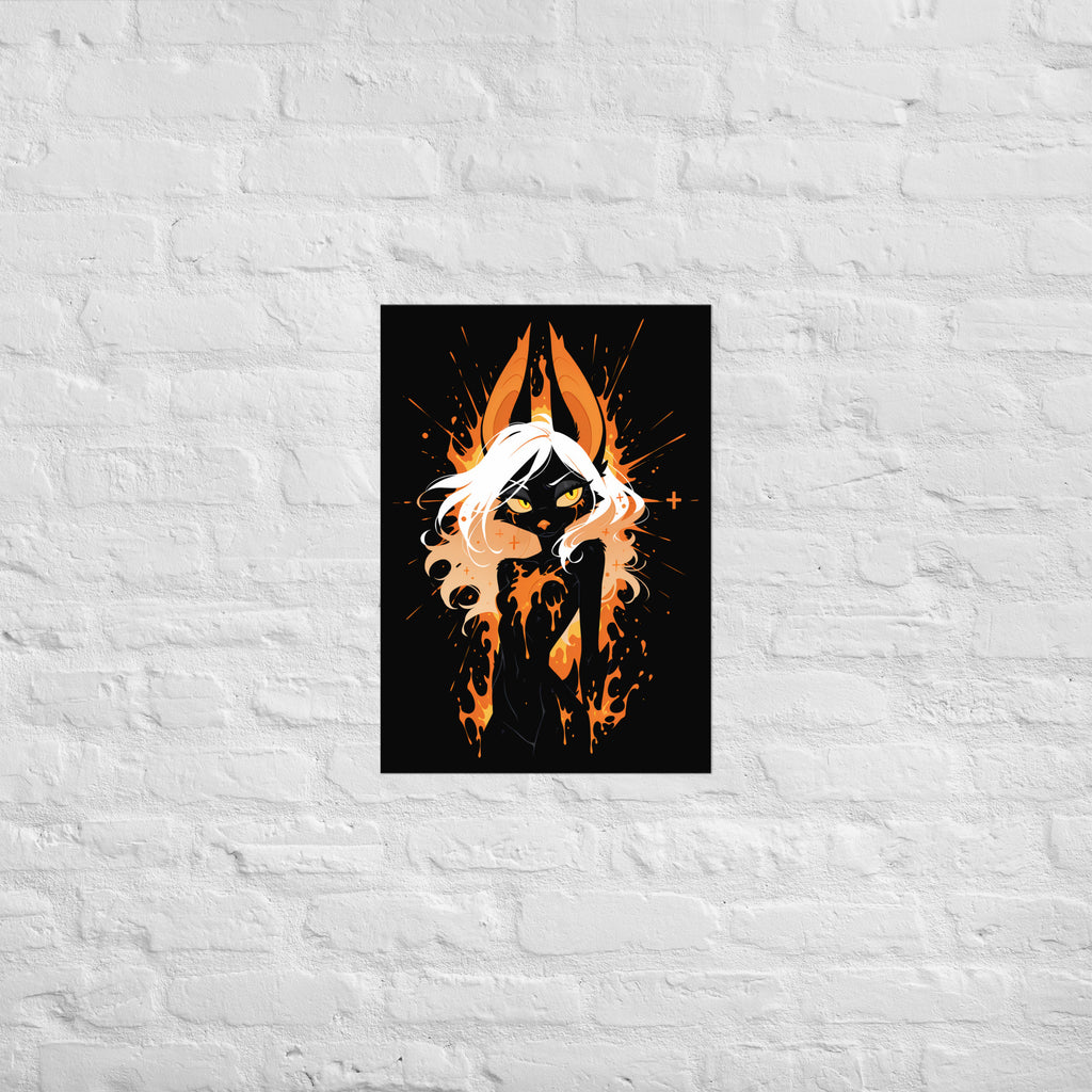 Poster dark fantasy Vespera, chauve-souris anthropomorphe noire au centre d'une explosion de braises orange – affiche encadrée au format A2