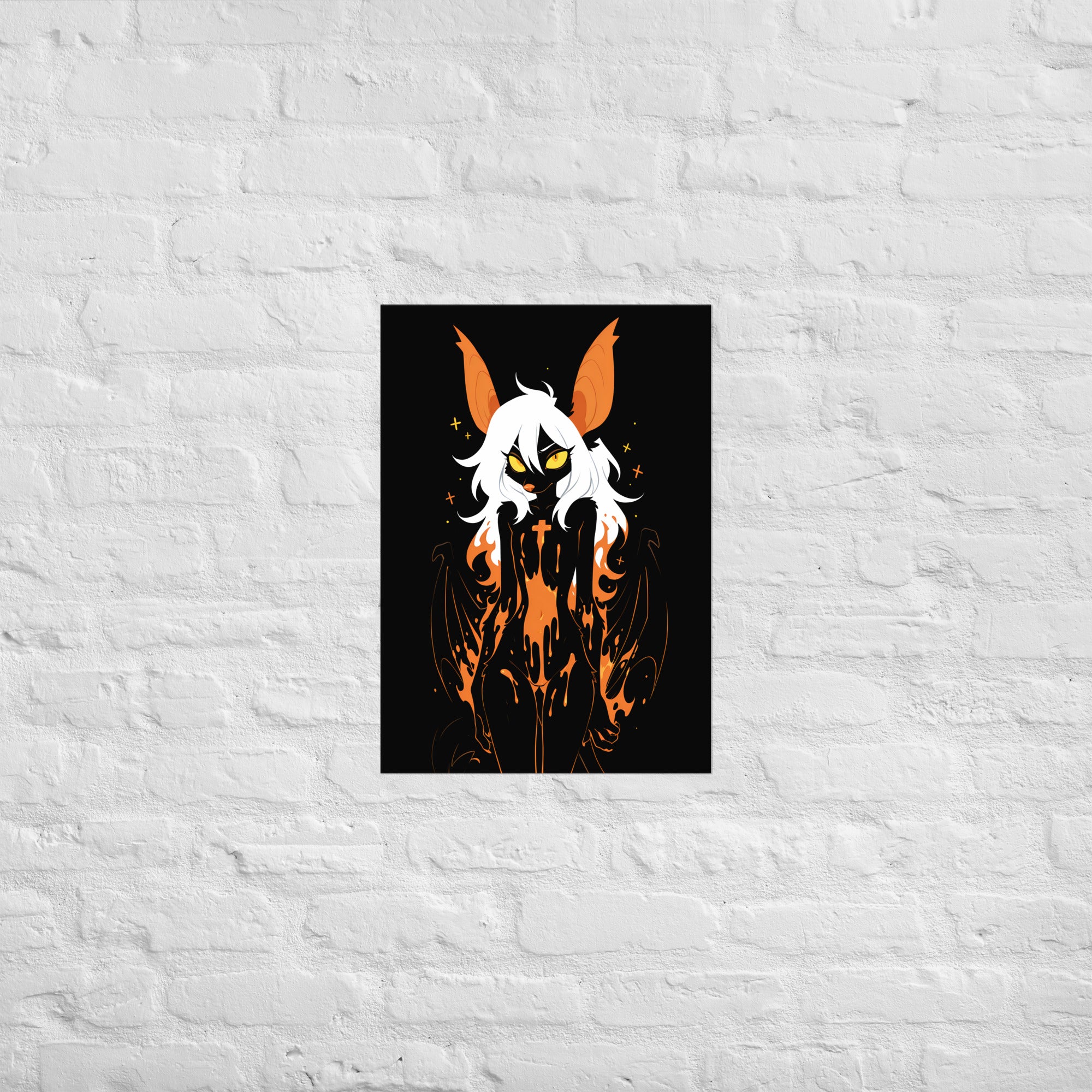 Poster dark fantasy Vespera, chauve-souris anthropomorphe noire, ailes membraneuses ouvertes, croix de braise sur le torse – affiche encadrée au format A2