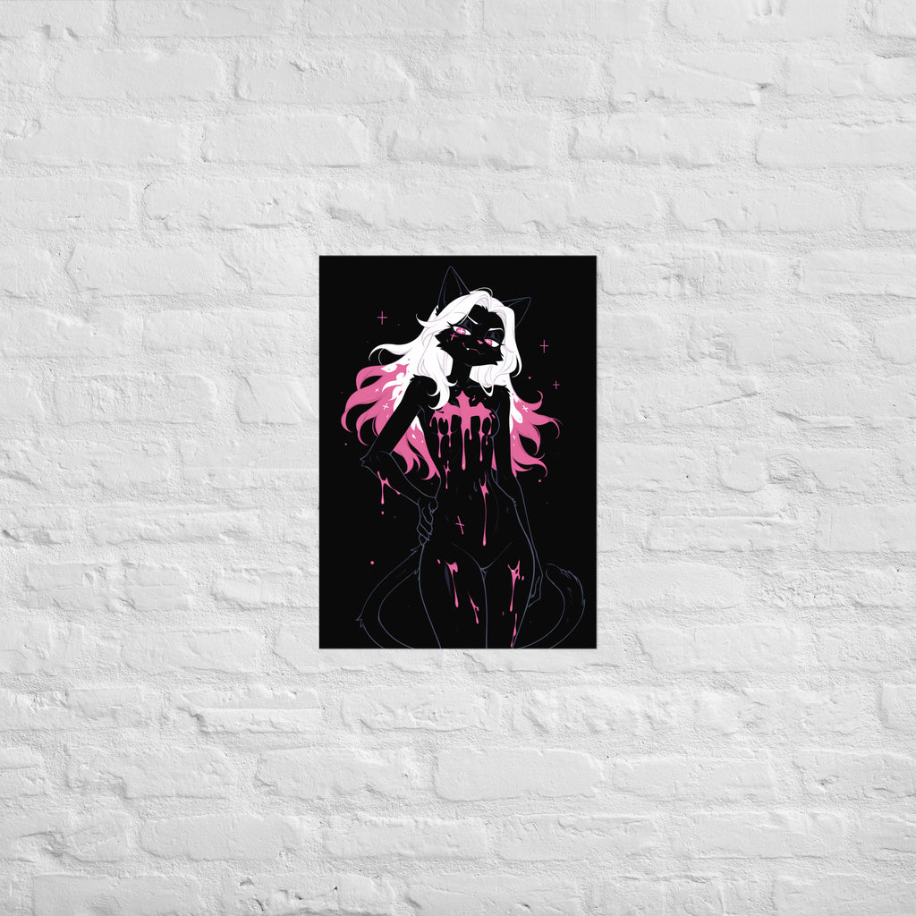 Poster dark fantasy Belladone, chatte anthropomorphe noire, pluie de poison rose, mèches roses dans la crinière – affiche encadrée au format A2