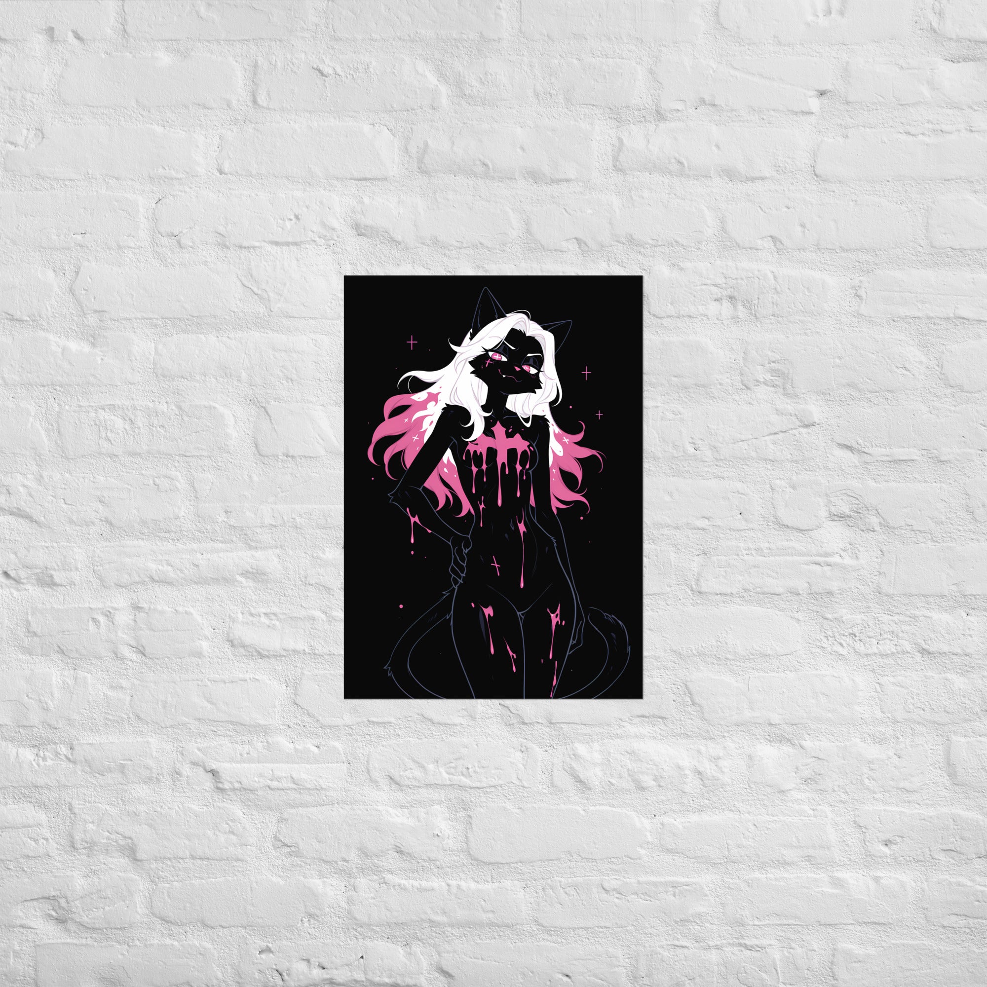 Poster dark fantasy Belladone, chatte anthropomorphe noire, pluie de poison rose, mèches roses dans la crinière – affiche encadrée au format A2