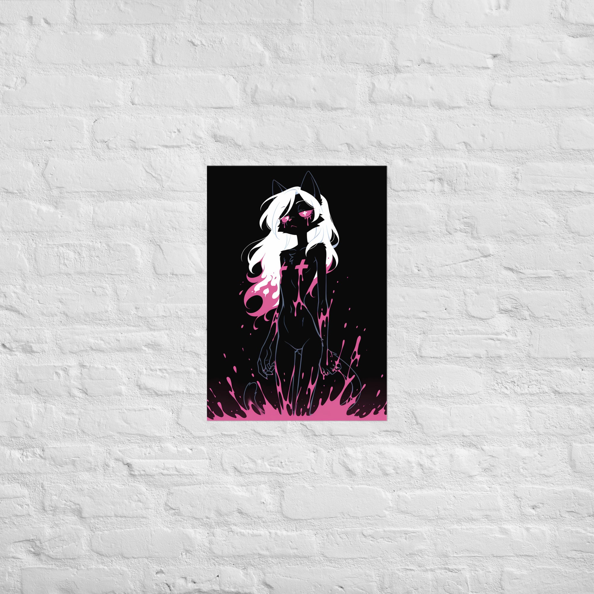 Poster dark fantasy Belladone, chatte anthropomorphe noire, larmes de poison rose, bras pendants, croix verticales – affiche encadrée au format A2