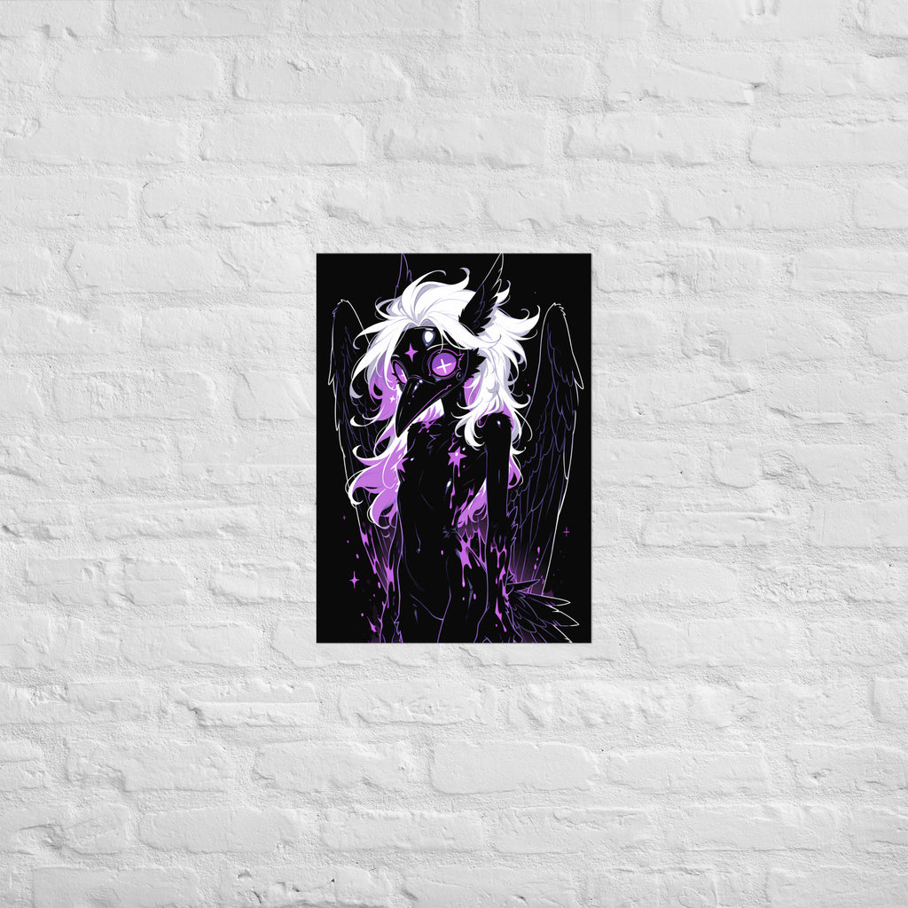 Poster dark fantasy Sibylle, corbeau anthropomorphe noir, ailes largement déployées, masque à bec, œil violet – affiche encadrée au format A2