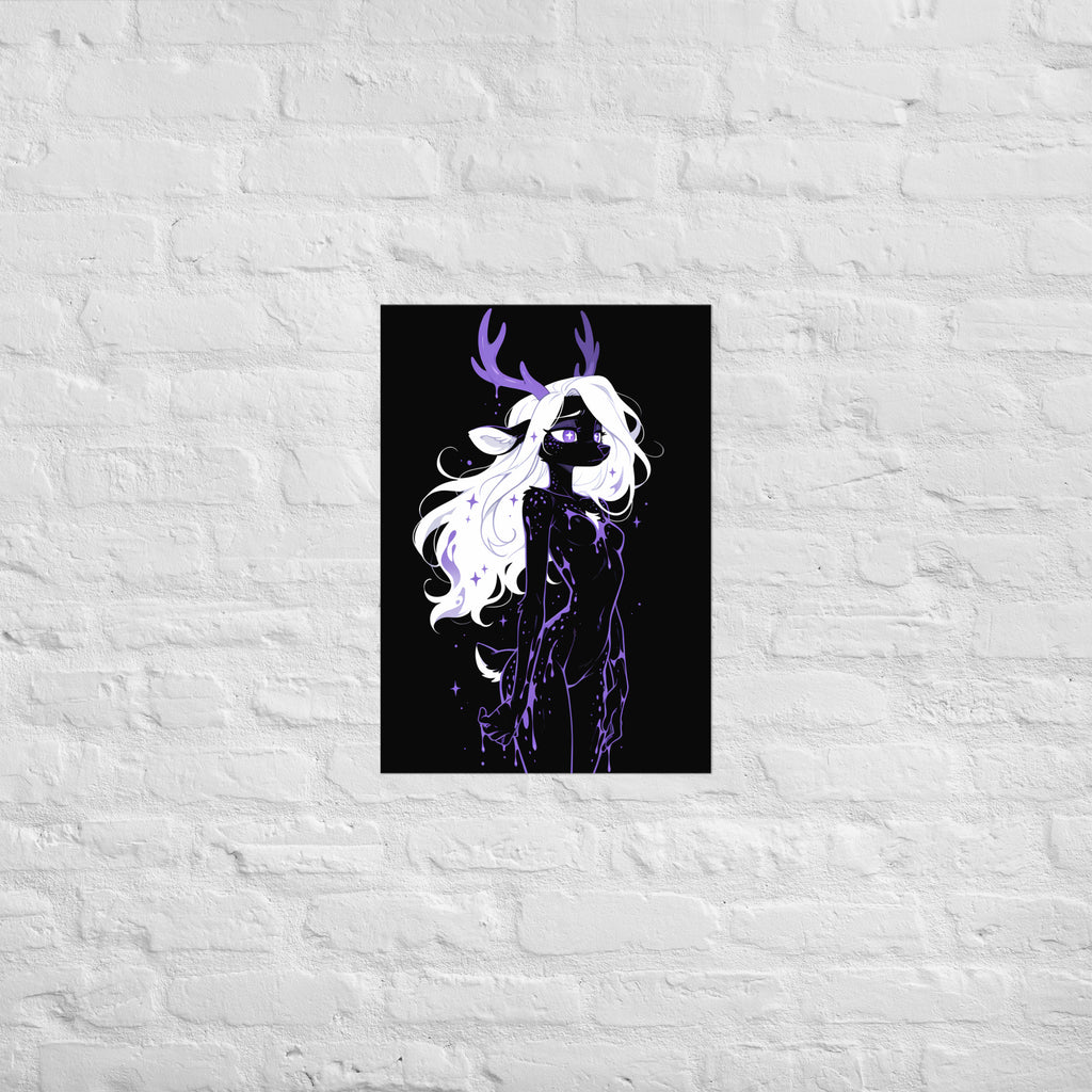 Poster dark fantasy Améthia, biche anthropomorphe noire entièrement recouverte de poison violet, des bois aux jambes – affiche encadrée au format A2