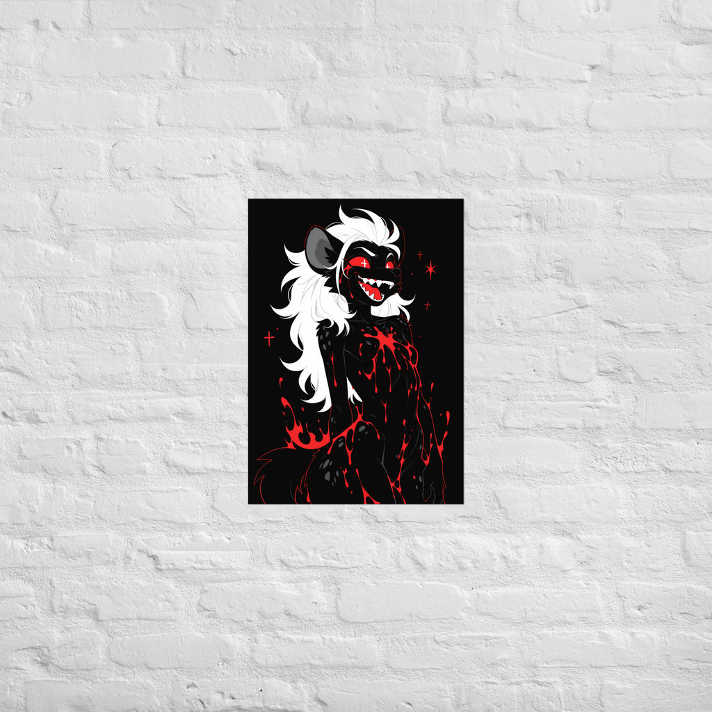 Poster dark fantasy Strige, hyène anthropomorphe noire, sourire sanglant aux crocs visibles, large tache de sang sur la poitrine – affiche encadrée au format A2