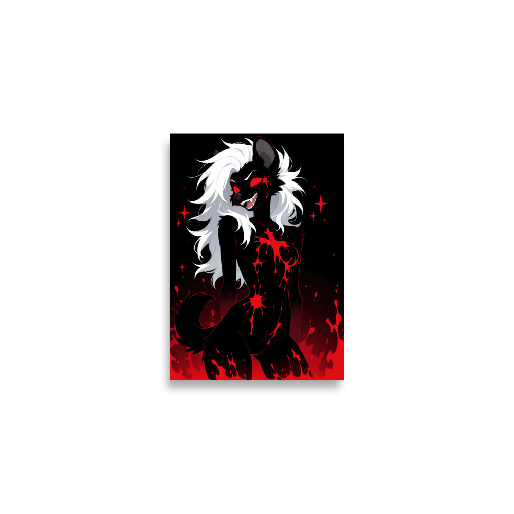 Poster dark fantasy Strige, hyène anthropomorphe noire accroupie, tache de sang en étoile sur la poitrine – affiche encadrée au format A2