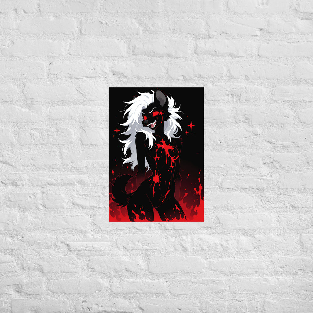 Poster dark fantasy Strige, hyène anthropomorphe noire accroupie, tache de sang en étoile sur la poitrine – affiche encadrée au format A2