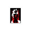 Poster dark fantasy Vermeille, louve anthropomorphe noire à la traînée de sang sous l'œil, encadrée de flammes rouges – affiche encadrée au format A2