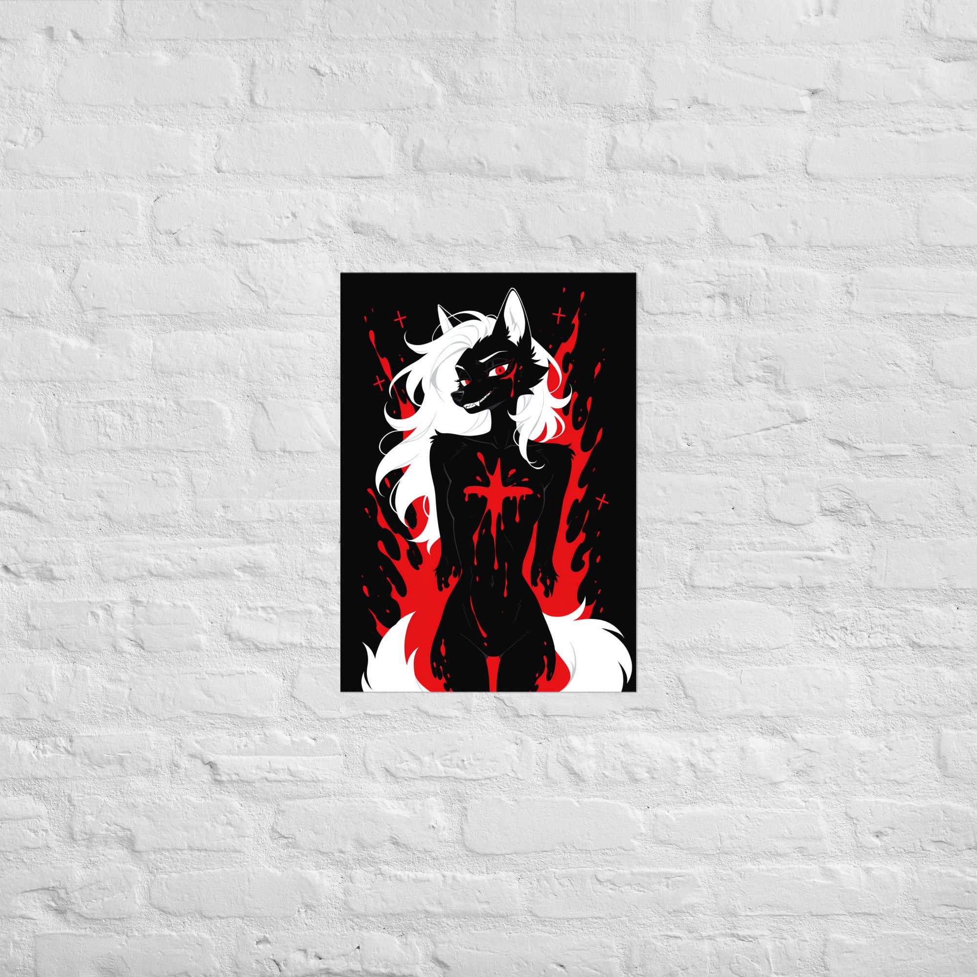 Poster dark fantasy Vermeille, louve anthropomorphe noire à la traînée de sang sous l'œil, encadrée de flammes rouges – affiche encadrée au format A2