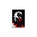 Poster dark fantasy Vermeille, louve anthropomorphe noire au sillage de sang jusqu'à la mâchoire, flammes orangées – affiche encadrée au format A2