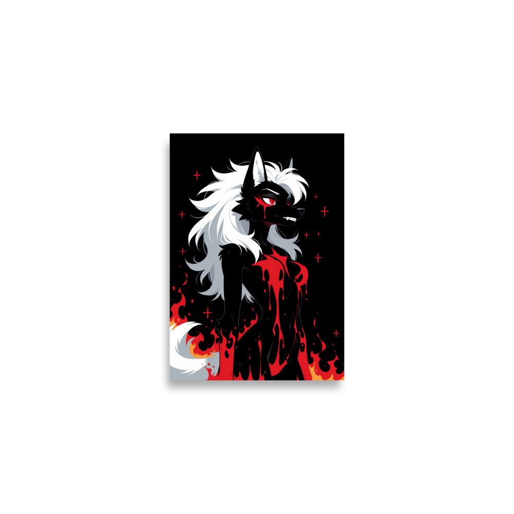 Poster dark fantasy Vermeille, louve anthropomorphe noire au sillage de sang jusqu'à la mâchoire, flammes orangées – affiche encadrée au format A2