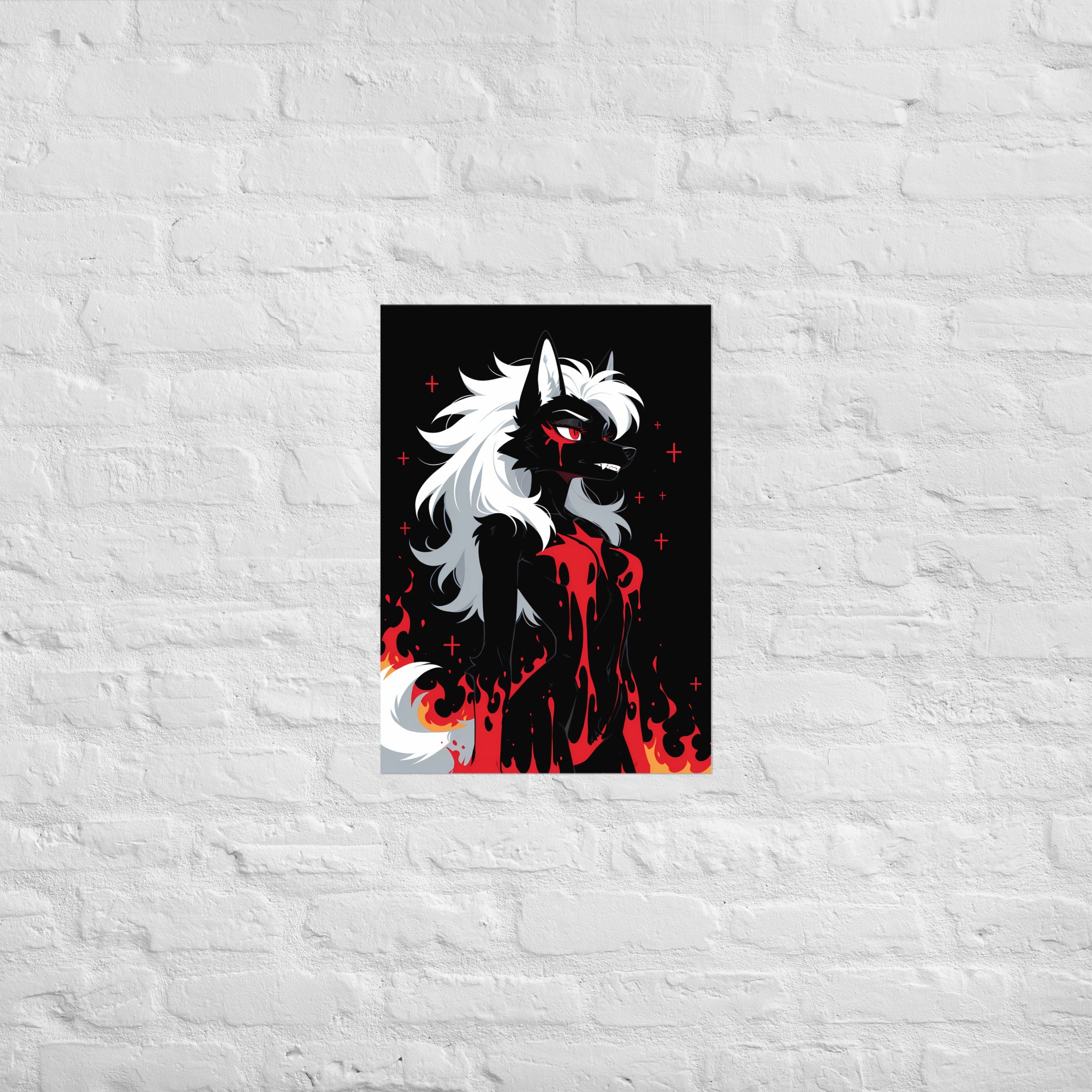 Poster dark fantasy Vermeille, louve anthropomorphe noire au sillage de sang jusqu'à la mâchoire, flammes orangées – affiche encadrée au format A2