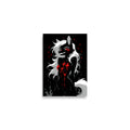 Poster dark fantasy Vermeille, louve anthropomorphe noire entourée d'un cercle de croix rouges, longue traînée de sang – affiche encadrée au format A2