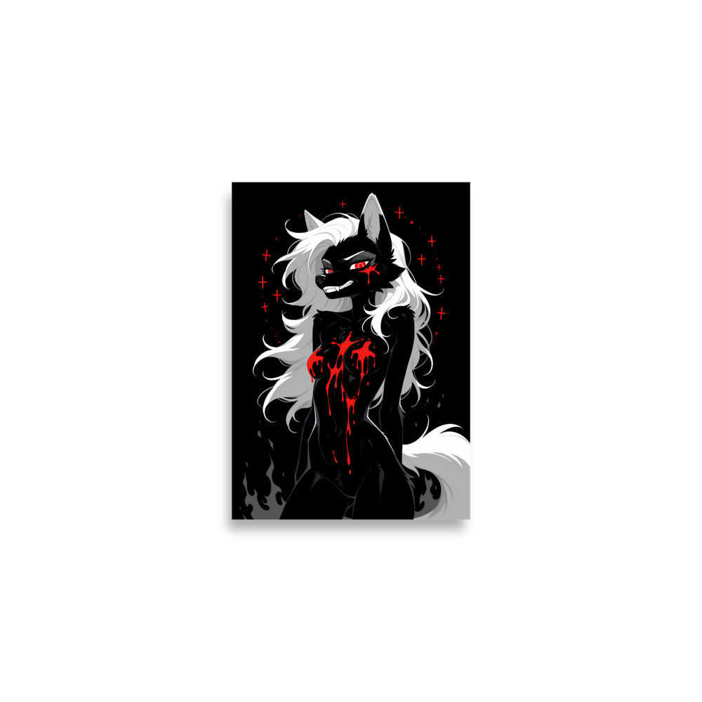 Poster dark fantasy Vermeille, louve anthropomorphe noire entourée d'un cercle de croix rouges, longue traînée de sang – affiche encadrée au format A2