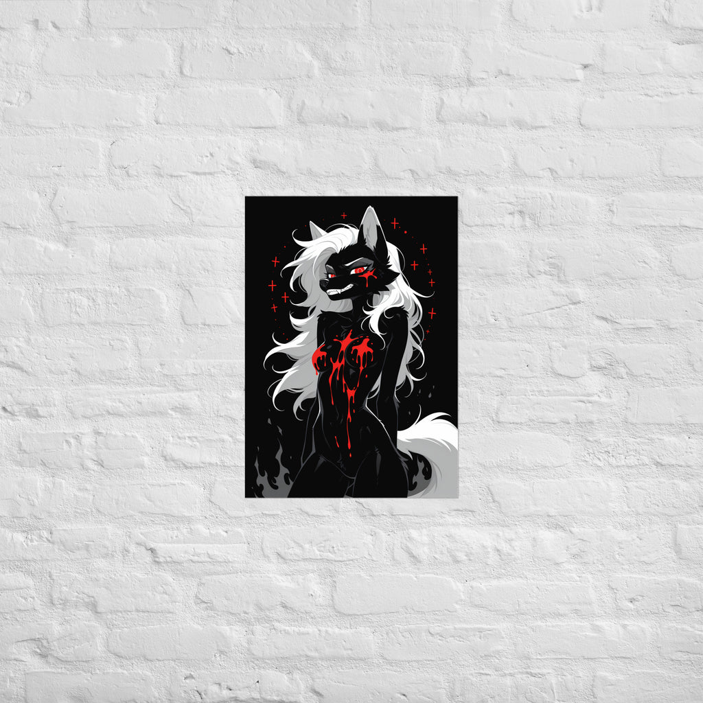 Poster dark fantasy Vermeille, louve anthropomorphe noire entourée d'un cercle de croix rouges, longue traînée de sang – affiche encadrée au format A2