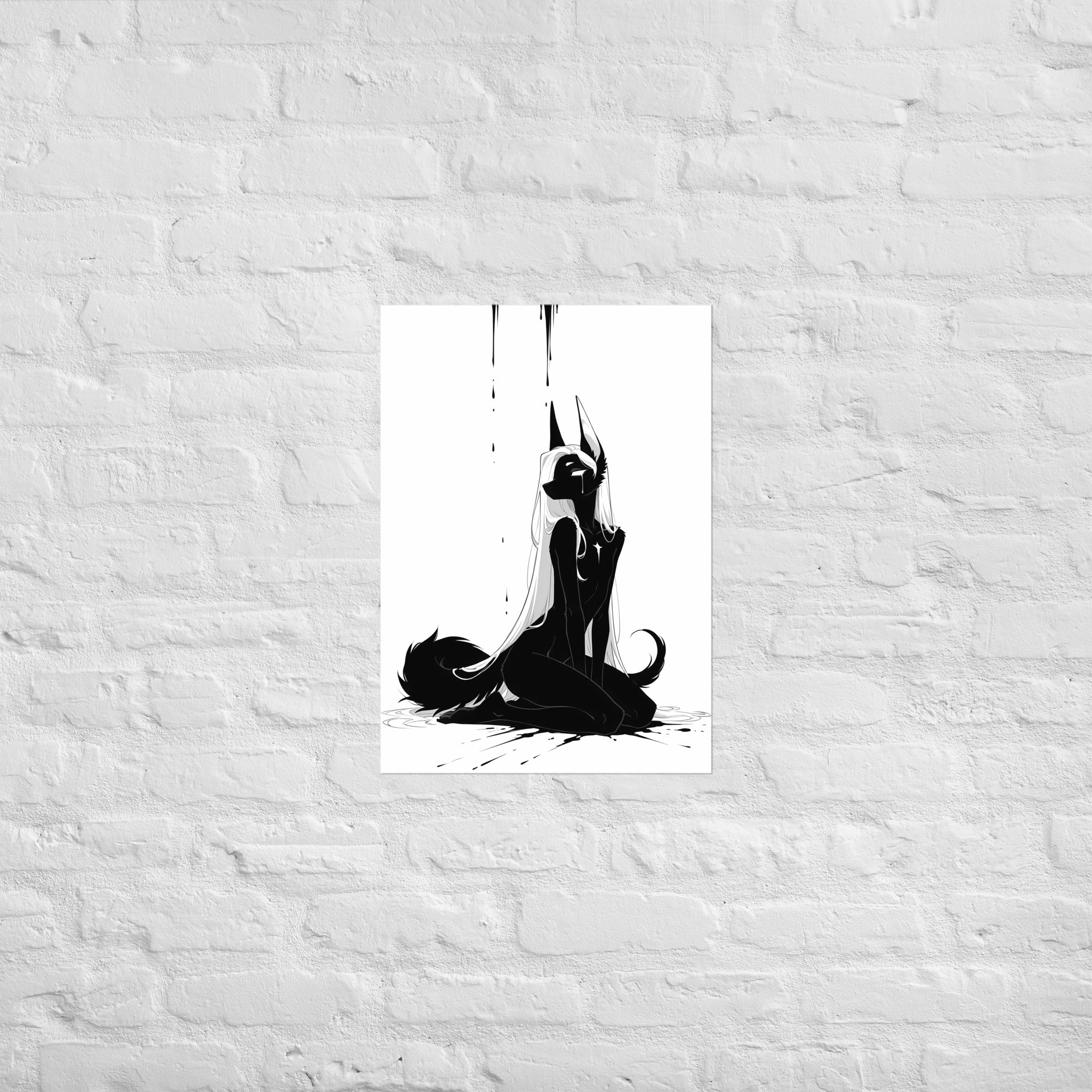 Affiche dark fantasy Limène, chacal anthropomorphe noir et blanc agenouillé les yeux clos, une larme sur le masque noir, collection Les silences qu'on porte – format A2