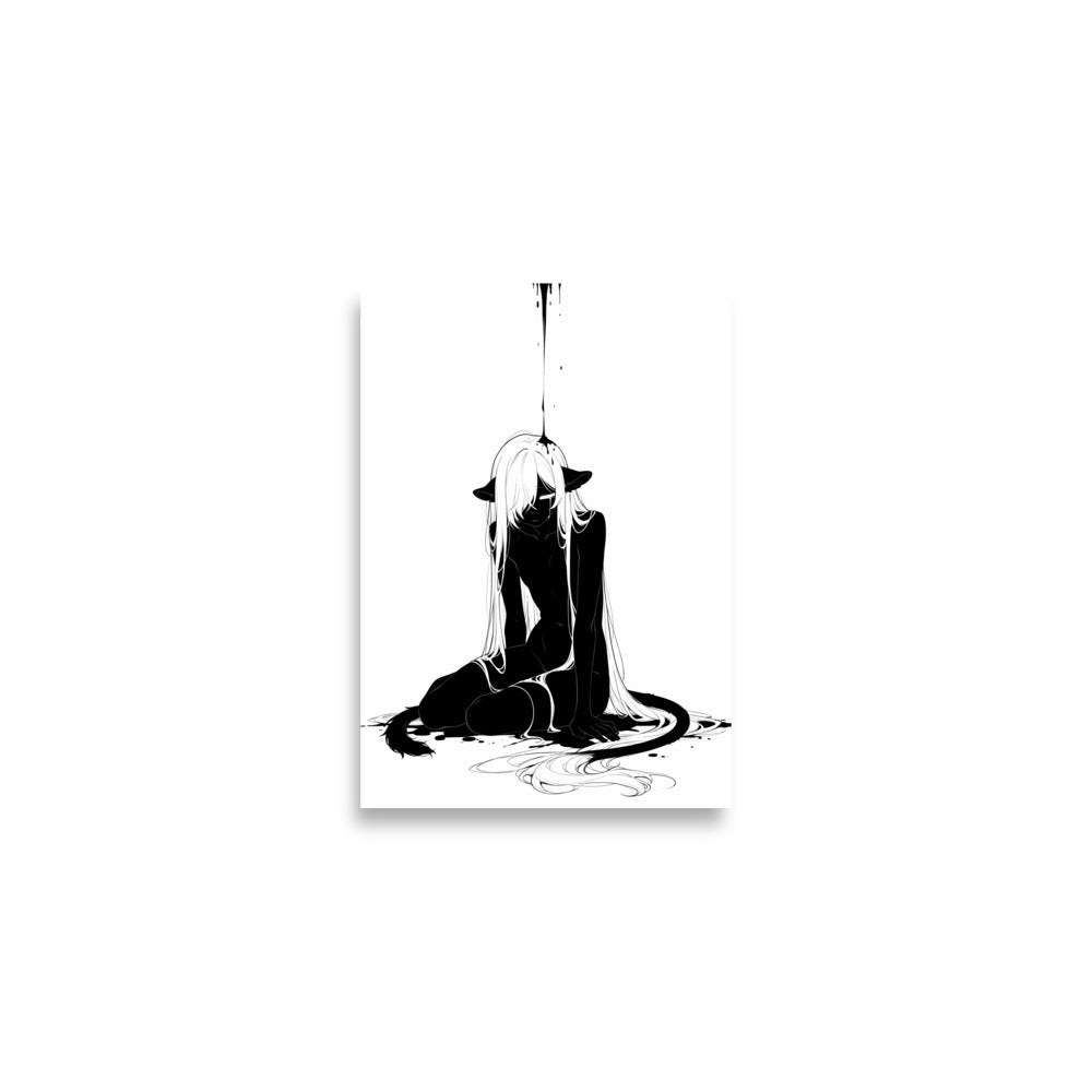 Affiche dark fantasy Ternelle, lionne anthropomorphe noir et blanc effondrée à genoux, tête basse, cheveux blancs au sol, collection Les silences qu'on porte – format A2