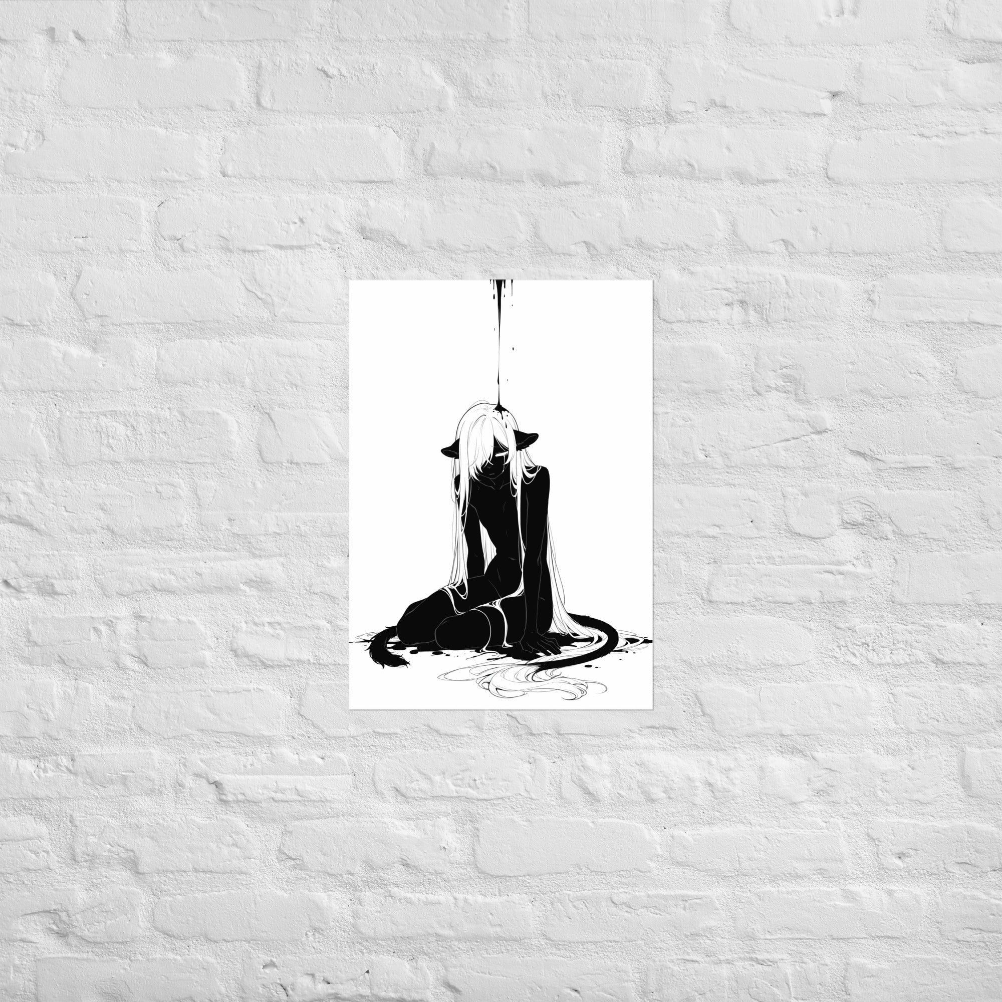 Affiche dark fantasy Ternelle, lionne anthropomorphe noir et blanc effondrée à genoux, tête basse, cheveux blancs au sol, collection Les silences qu'on porte – format A2