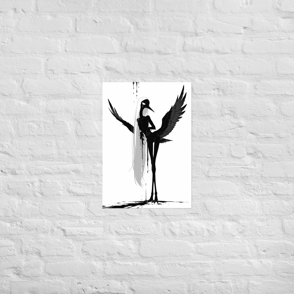 Affiche dark fantasy Attendrie, grue anthropomorphe noir et blanc, aile grande ouverte vers le ciel, regard de profil, collection Les silences qu'on porte – format A2