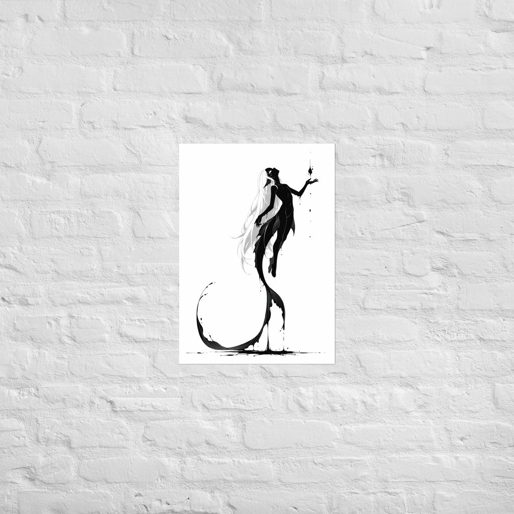 Affiche dark fantasy Sourdine, koï anthropomorphe noir et blanc flottant, bras tendu vers une goutte d'encre, longue nageoire, collection Les silences qu'on porte – format A2