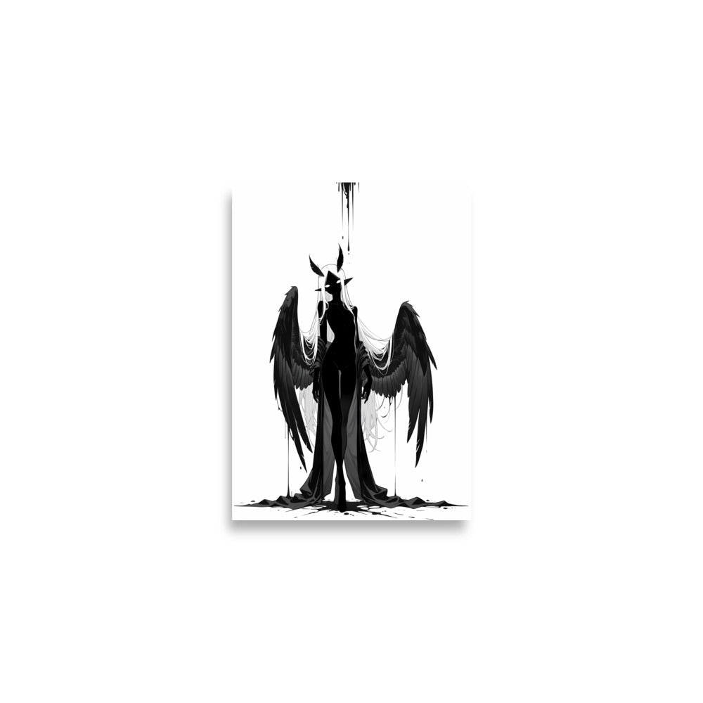 Affiche dark fantasy Nyctée, chouette anthropomorphe noir et blanc, ailes grandes ouvertes, yeux blancs fixes, collection Les silences qu'on porte – format A2