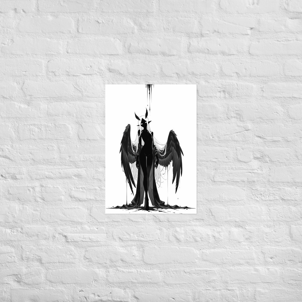 Affiche dark fantasy Nyctée, chouette anthropomorphe noir et blanc, ailes grandes ouvertes, yeux blancs fixes, collection Les silences qu'on porte – format A2