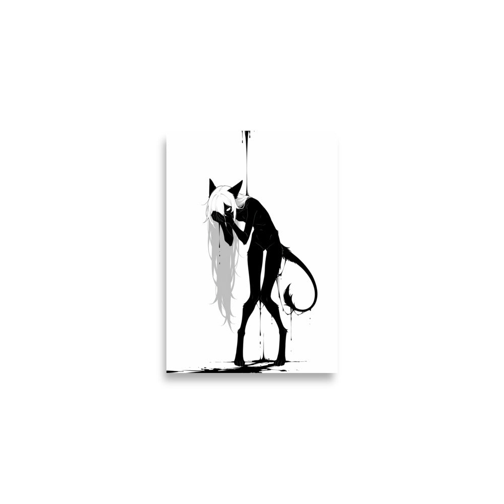 Affiche dark fantasy Écholane, louve anthropomorphe noir et blanc, mains jointes contre la bouche, queue enroulée, collection Les silences qu'on porte – format A2