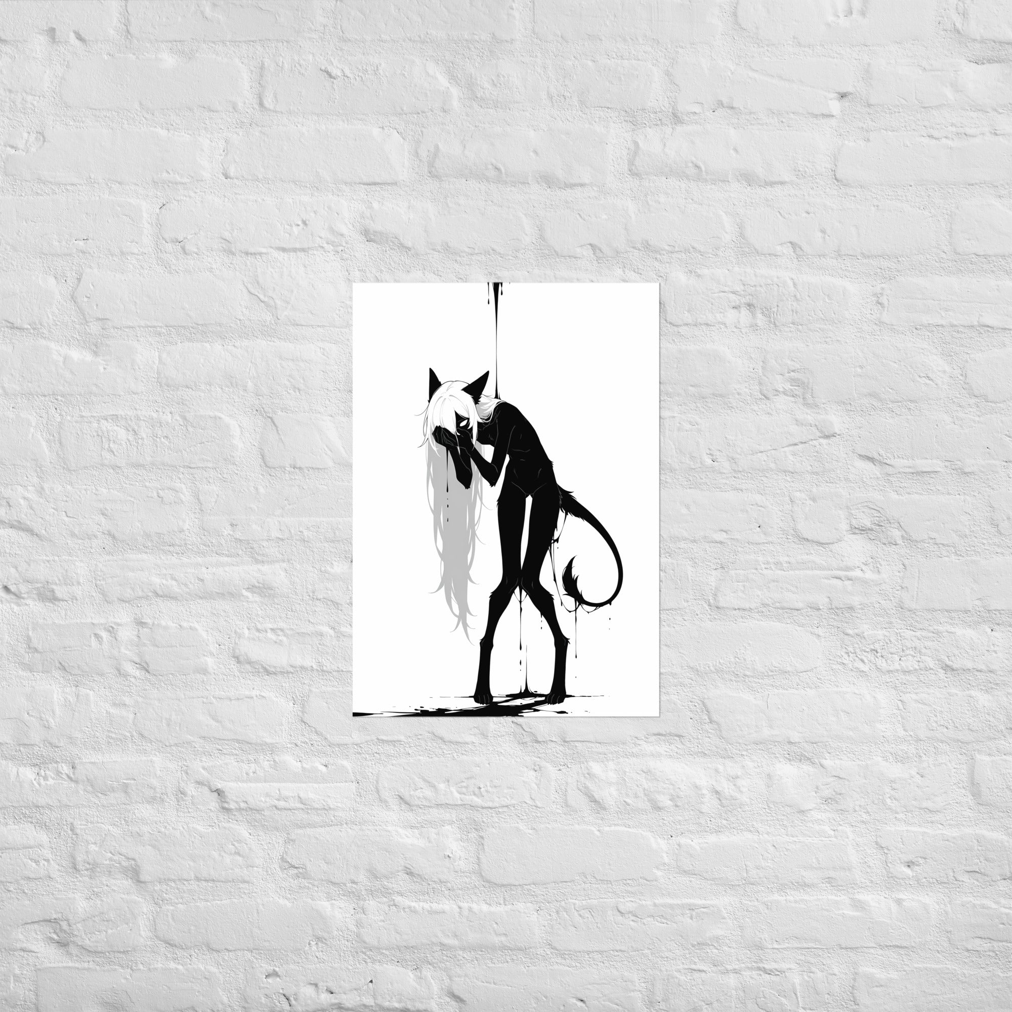 Affiche dark fantasy Écholane, louve anthropomorphe noir et blanc, mains jointes contre la bouche, queue enroulée, collection Les silences qu'on porte – format A2