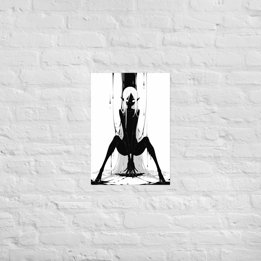 Affiche dark fantasy Tramelle, araignée anthropomorphe noir et blanc, accroupie jambes écartées au centre d'une toile d'encre, collection Les silences qu'on porte – format A2
