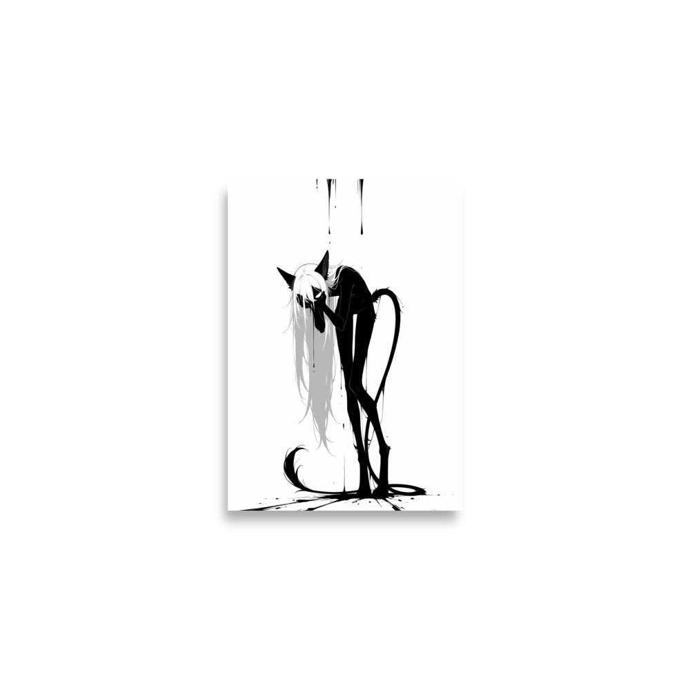 Affiche dark fantasy Écholane, louve anthropomorphe noir et blanc, main plaquée contre le visage, encre ruisselante, collection Les silences qu'on porte – format A2