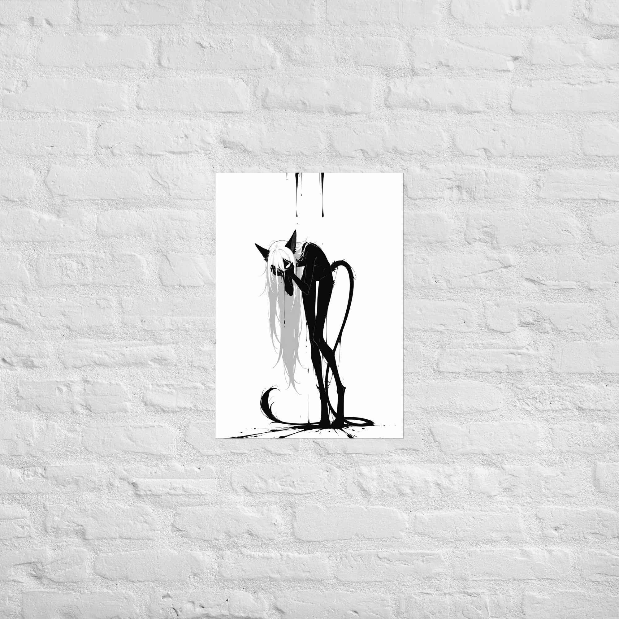 Affiche dark fantasy Écholane, louve anthropomorphe noir et blanc, main plaquée contre le visage, encre ruisselante, collection Les silences qu'on porte – format A2